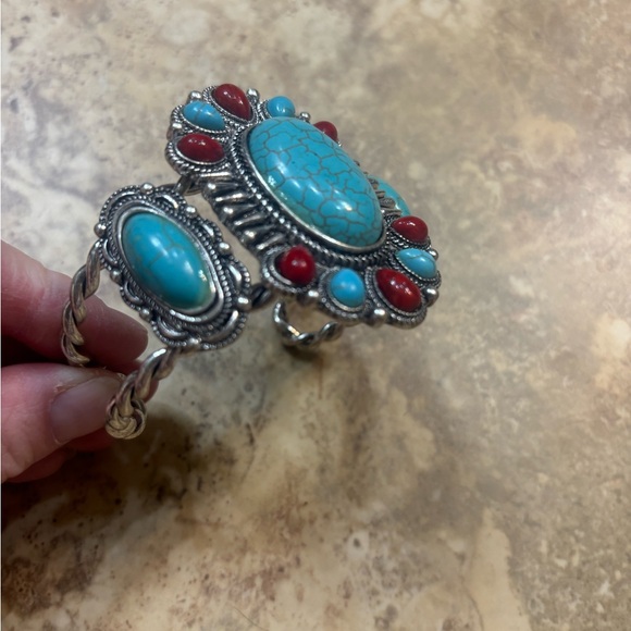 2 chunky southwest faux turquoise pose coral silver cuffs - Picture 3 of 9